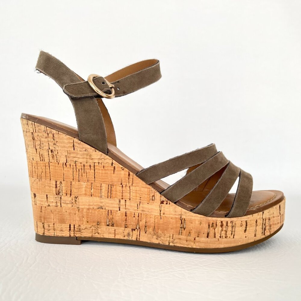 Franco Sarto Crisania Olive Suede Cork Covered Platform Wedge Sandal w Box US 6